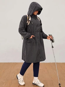 SHEIN EZwear Dark Gray Plus Size Women's Waterproof Hooded Jacket With Zipper Front - Dark Grey - View 3