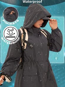SHEIN EZwear Dark Gray Plus Size Women's Waterproof Hooded Jacket With Zipper Front - Dark Grey - View 1