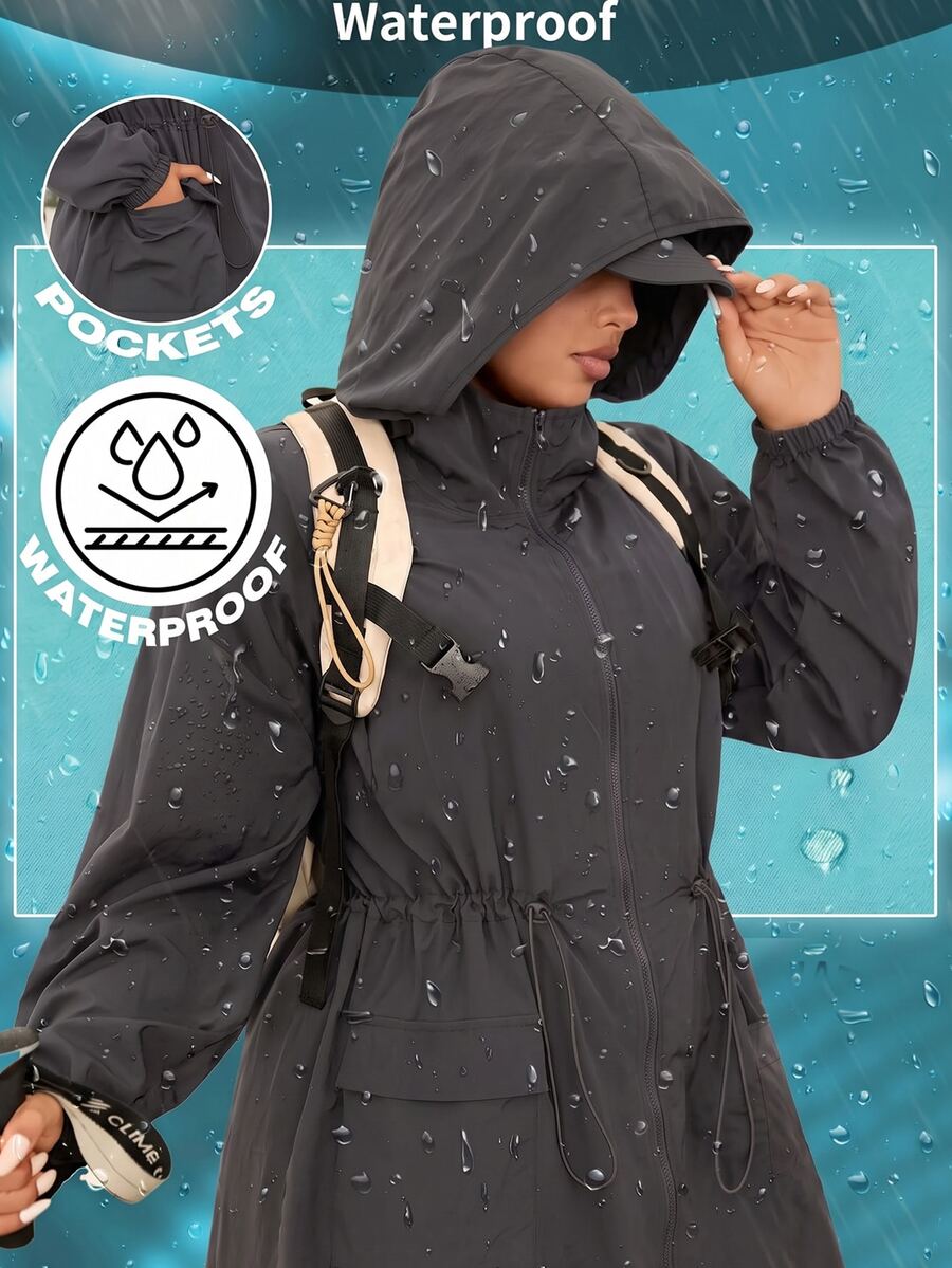 SHEIN EZwear Dark Gray Plus Size Women's Waterproof Hooded Jacket With Zipper Front - Dark Grey - View 1