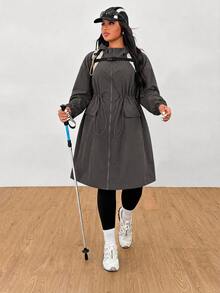 SHEIN EZwear Dark Gray Plus Size Women's Waterproof Hooded Jacket With Zipper Front - Dark Grey - View 7