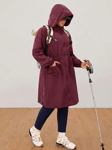 SHEIN EZwear 酒紅色大尺碼女款長袖前拉鍊連帽防水外套 - 酒紅色 - 查看 7