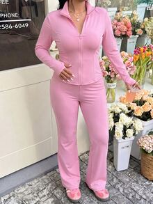 SHEIN EZwear Plus Size Casual Light Yoga Elastic Jacket & Flare Pants 2 Pieces Set Fall - Dusty Pink - View 6