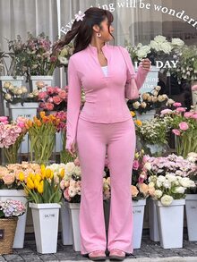 SHEIN EZwear Plus Size Casual Light Yoga Elastic Jacket & Flare Pants 2 Pieces Set Fall - Dusty Pink - View 3