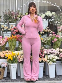 SHEIN EZwear Plus Size Casual Light Yoga Elastic Jacket & Flare Pants 2 Pieces Set Fall - Dusty Pink - View 4