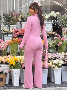 SHEIN EZwear Plus Size Casual Light Yoga Elastic Jacket & Flare Pants 2 Pieces Set Fall - Dusty Pink - View 2