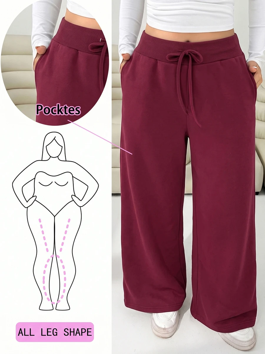 Solflare Celana Sweatpants Wanita Rajut Polos Nyaman dan Kasual dengan Pinggang Rendah dan Kaki Lebar, Musim Gugur, Musim Dingin, Kembali ke Sekolah, Hangat - Burgundy - View 1
