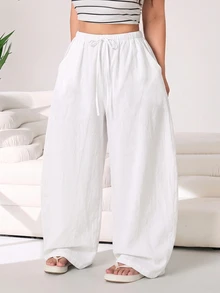 Solflare Celana Panjang Wanita Ukuran Besar Warna Putih dengan Tali Serut di Pinggang dan Saku, Model Kaki Lebar, Musim Gugur/Dingin - Putih - View 5