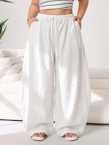 Solflare Celana Panjang Wanita Ukuran Besar Warna Putih dengan Tali Serut di Pinggang dan Saku, Model Kaki Lebar, Musim Gugur/Dingin - Putih - View 4