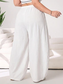 Solflare Celana Panjang Wanita Ukuran Besar Warna Putih dengan Tali Serut di Pinggang dan Saku, Model Kaki Lebar, Musim Gugur/Dingin - Putih - View 2