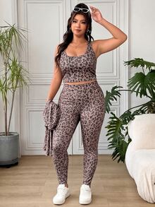 SHEIN EZwear 大尺碼女款豹紋內層長袖上衣與內搭褲休閒日常套裝 秋季 - 棕色 - 查看 3