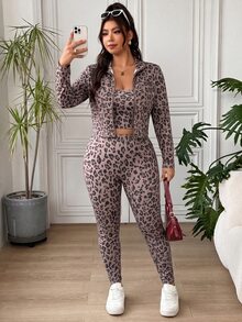 SHEIN EZwear 大尺碼女款豹紋內層長袖上衣與內搭褲休閒日常套裝 秋季 - 棕色 - 查看 6