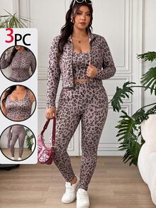 SHEIN EZwear 大尺碼女款豹紋內層長袖上衣與內搭褲休閒日常套裝 秋季 - 棕色 - 查看 5