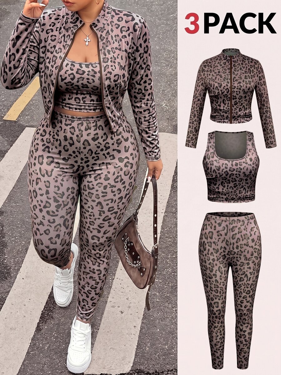SHEIN EZwear 大尺碼女款豹紋內層長袖上衣與內搭褲休閒日常套裝 秋季 - 棕色 - 查看 1