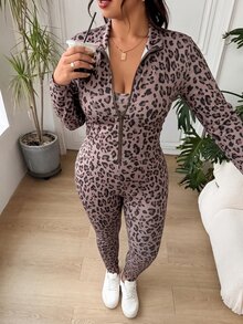 SHEIN EZwear 大尺碼女款豹紋內層長袖上衣與內搭褲休閒日常套裝 秋季 - 棕色 - 查看 7