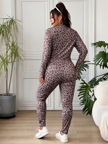 SHEIN EZwear 大尺碼女款豹紋內層長袖上衣與內搭褲休閒日常套裝 秋季 - 棕色 - 查看 2