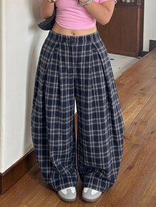 Muchica 大尺碼女款格紋百褶鈕扣寬鬆長褲 秋季 - 藍色 - 查看 4