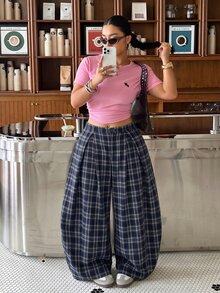 Muchica 大尺碼女款格紋百褶鈕扣寬鬆長褲 秋季 - 藍色 - 查看 3