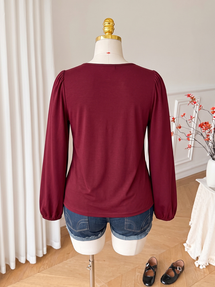 Solflare Plus Size Black Long Sleeve Thin Vintage Slimming Peplum T-Shirt, Spring/Autumn Fall - Burgundy - View 2
