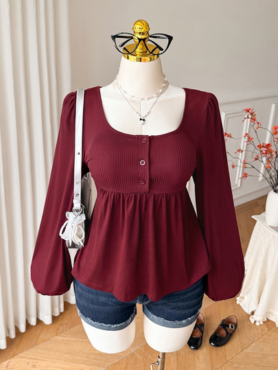Comfortcana Plus Size Black Long Sleeve Thin Vintage Slimming Peplum T-Shirt, Spring/Autumn Fall