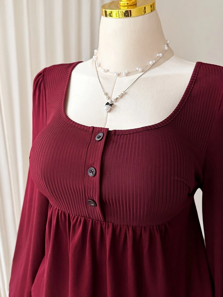 Solflare Plus Size Black Long Sleeve Thin Vintage Slimming Peplum T-Shirt, Spring/Autumn Fall - Burgundy - View 1