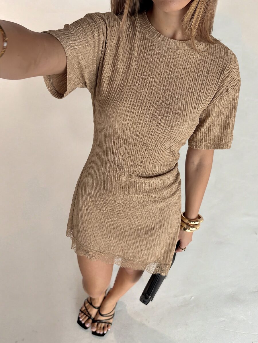 Aloruh Women's Elegant Minimalist Casual Round Neck Asymmetrical Hem Lace Patchwork Cinched Waist Short Sleeve Mini Dress Everyday Date Night Camel Summer - Khaki - View 1