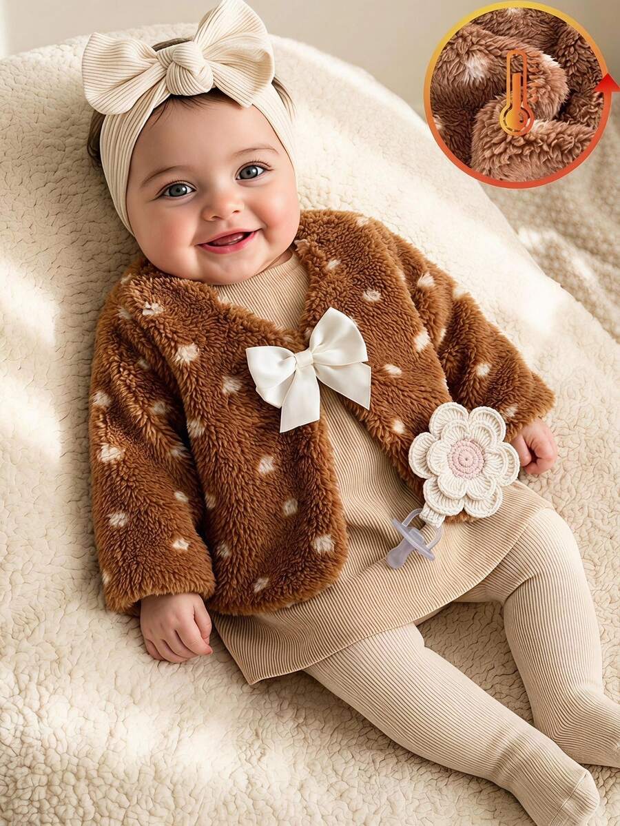 SHEIN 幼女深棕色可愛甜美蝴蝶結花朵絨毛夾克，長袖V領加厚外套，適合派對、俱樂部、正式場合，秋季聖誕假期外穿