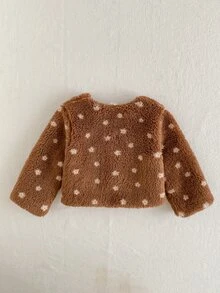 SHEIN 幼女深棕色可愛甜美蝴蝶結花朵絨毛夾克，長袖V領加厚外套，適合派對、俱樂部、正式場合，秋季聖誕假期外穿 - 紫紅色 - 查看 3