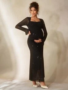 Cheriluna Maternity Solid Color Long Square Neck Elegant Rhinestone Maternity Photoshoot Dress - Black - View 6