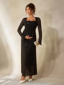 Cheriluna Maternity Solid Color Long Square Neck Elegant Rhinestone Maternity Photoshoot Dress - Black - View 2