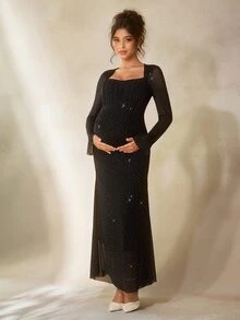 Cheriluna Maternity Solid Color Long Square Neck Elegant Rhinestone Maternity Photoshoot Dress - Black - View 5
