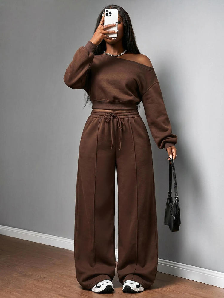 Slaydiva Autumn/Winter New Music Festival Holiday Western Nomad Style Birthday Party Graduation Season Student Wear Daily Street Basic Versatile Casual Letter Print Zipper Collar Asymmetric Shoulder + Loose Shorts Sweatpants 2-Piece Set - Brown - View 6