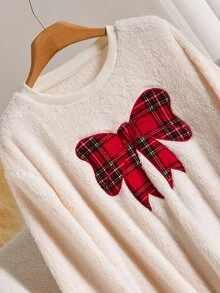 CosyJoli Plus Size Bow Pattern Casual Daily Long Sleeve Sweatshirt Christmas - Beige - View 6