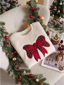CosyJoli Plus Size Bow Pattern Casual Daily Long Sleeve Sweatshirt Christmas - Beige - View 5
