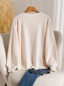 CosyJoli Plus Size Bow Pattern Casual Daily Long Sleeve Sweatshirt Christmas - Beige - View 3