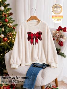 CosyJoli Plus Size Bow Pattern Casual Daily Long Sleeve Sweatshirt Christmas - Beige - View 2