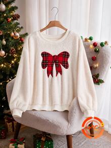 CosyJoli Plus Size Bow Pattern Casual Daily Long Sleeve Sweatshirt Christmas - Beige - View 4