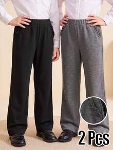 SHEIN Elladie kids 2pcs Solid Color Pocket Ruffle Knit Long Pants, Casual Autumn/Winter Trousers - Multicolor - View 4