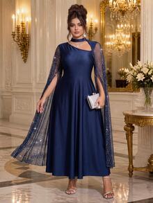 Roveilla Plus Size Women's Halter Neck Sequin Sleeve Waist-Cinching Slimming Dress For Party Dinner Formal, Autumn/Winter Navy Blue Elegant Formal - Royal Blue - View 4