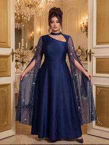 Roveilla Plus Size Women's Halter Neck Sequin Sleeve Waist-Cinching Slimming Dress For Party Dinner Formal, Autumn/Winter Navy Blue Elegant Formal - Royal Blue - View 6