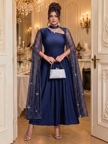 Roveilla Plus Size Women's Halter Neck Sequin Sleeve Waist-Cinching Slimming Dress For Party Dinner Formal, Autumn/Winter Navy Blue Elegant Formal - Royal Blue - View 3
