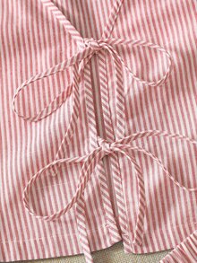 KARISMINA 2pcs Women Casual Woven Striped Pattern Crop Top & High Waist Loose Shorts Set - Red and White - View 10