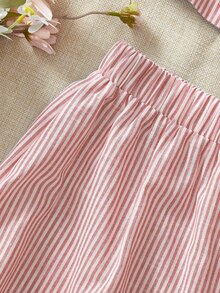 KARISMINA 2pcs Women Casual Woven Striped Pattern Crop Top & High Waist Loose Shorts Set - Red and White - View 9