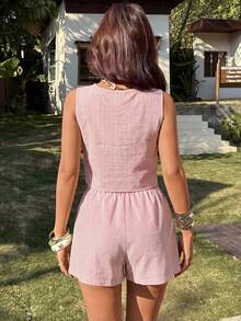 KARISMINA 2pcs Women Casual Woven Striped Pattern Crop Top & High Waist Loose Shorts Set - Red and White - View 2