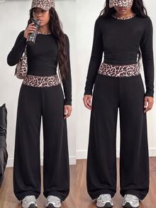 SHEIN 女童 2 件套針織豹紋雙腰帶 80 年代生日長袖修身 T 恤寬腿運動長褲 黑色 秋季度假運動風 - 黑色 - 查看 2
