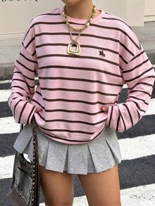 SHEIN CURVE+ 大尺碼女款 2026 春夏圓領露肩長袖條紋寬鬆休閒對比色條紋長袖 T 恤，適合外出、返校、街頭風與 Y2K 風格 - 粉色 - 查看 7