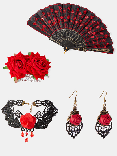 Aravennia 4 PCS Women Red Rose Flower Hair Clip Flamenco Accessories,Embroidered Sequins Handheld Folding Fan,Choker And Earrings