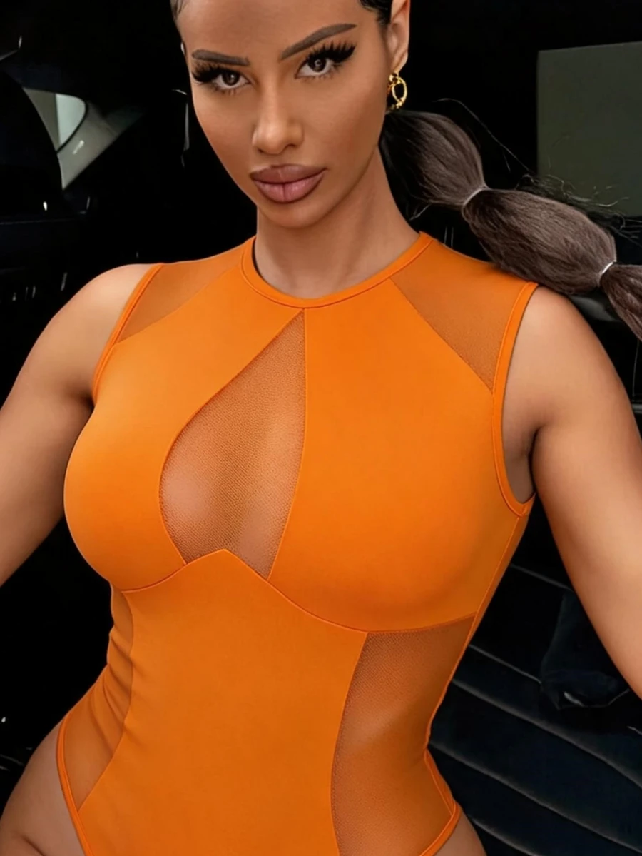SHEIN SXY 网纱拼接无袖性感连体衣 - 橘色 - 查看 1