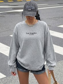 Muchica 秋冬休閒淺灰色大尺碼女款字母印花落肩長袖運動衫 - 淺灰色 - 查看 4