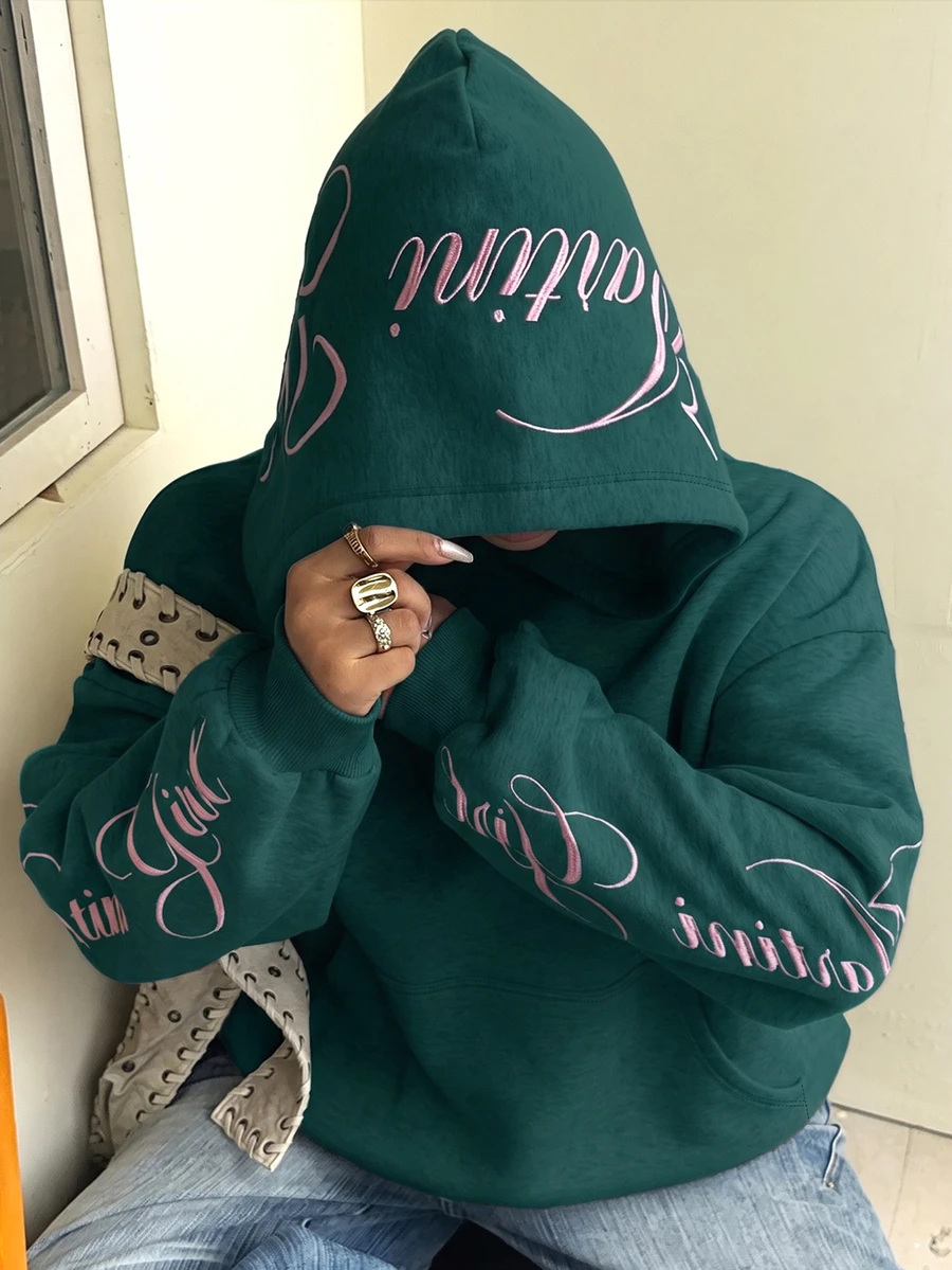 Muchica Plus Size Minimalist Casual Streetwear Retro Comfortable Long Sleeve Sweatshirt With Pockets Fall Party Vacation Birthday Dark Green - Dark Green - View 1