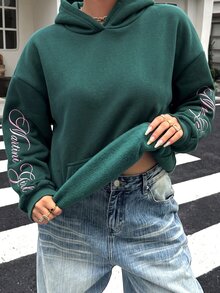 Muchica Plus Size Minimalist Casual Streetwear Retro Comfortable Long Sleeve Sweatshirt With Pockets Fall Party Vacation Birthday Dark Green - Dark Green - View 6